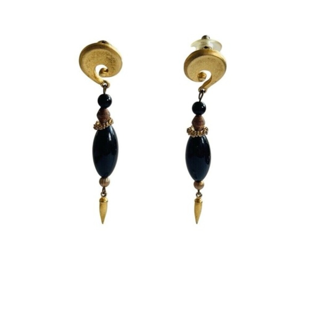 VTG 80s‎ Black Lucite Earrings Statement Regal Dangle Gold Plated Pierced Rare